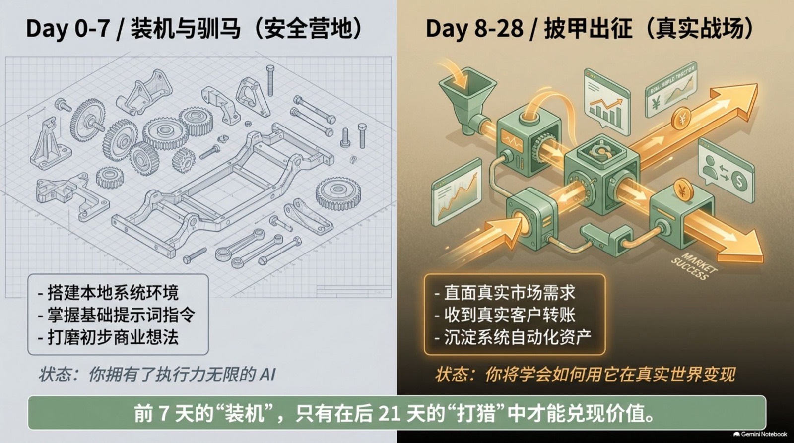 前 7 天装机，后 21 天出征——装好的系统只有在真实战场上才能兑现价值