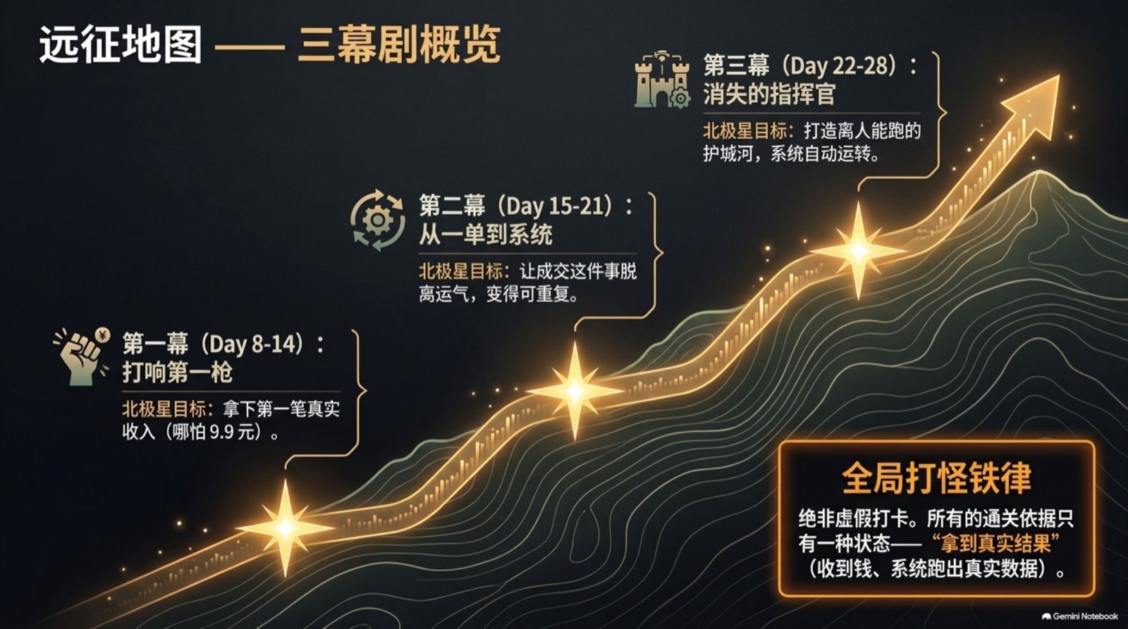 远征地图：三幕剧概览——第一幕拿下第一笔真实收入，第二幕让成交可重复，第三幕系统离人能跑