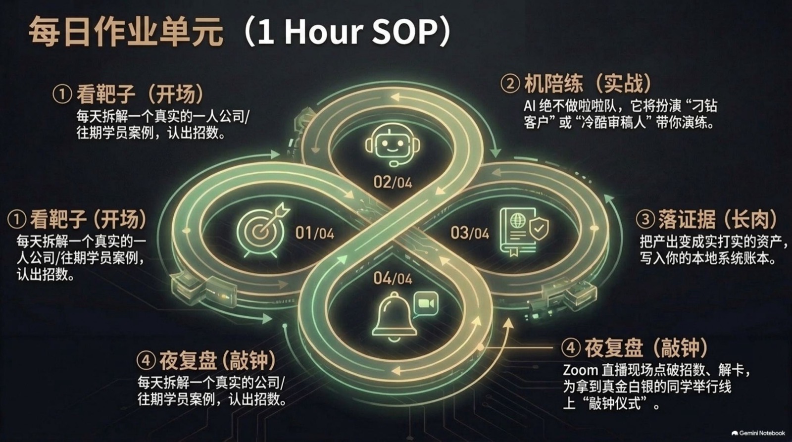 每日作业单元：看靶子 → 机陪练 → 落证据 → 夜复盘