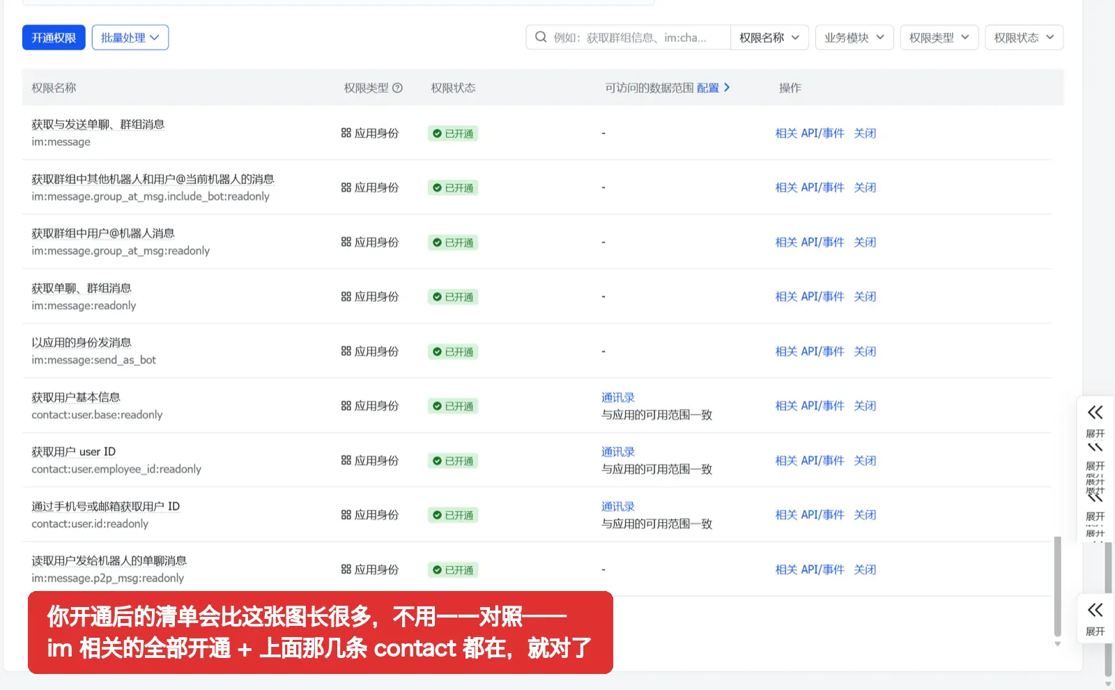 自动开通的单聊权限（图1）、逐条搜索勾选（图2）、搜 im 全部勾选（图3）与开通后的权限清单（图4）